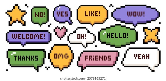 Speech bubbles with words text, funny thankful, exclaiming, supporting quotes pixel art 8 bits Y2K set for messaging and communication in retro style. Mosaic vintage talk balloons vector illustration