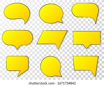 Speech bubbles, yellow quote box frame labels set. Blank texting quote boxes templates info design, quotation speech bubbles blog symbols. Vector tag, badge, sticker templates. Chat message icons.
