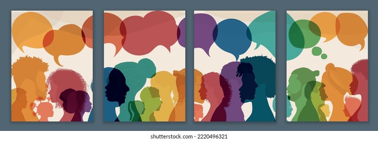 Speech bubble.Silhouette heads men and women in profile.Talking dialogue and inform.Communicate between a group of multicultural people who talk. Diversity people. Social network concept