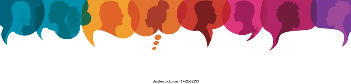 Speech bubble.Silhouette heads people in profile.Diversity people.Talking dialogue and inform.Communicate group of multiethnic people who talk and share ideas.Community.Speak.Social - Shutterstock ID 1762662233