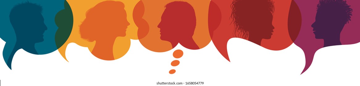 Speech bubble.Silhouette heads people in profile.Talking dialogue and inform.Communicate between a group of multiethnic and multicultural people who talk and share ideas.Diversity people