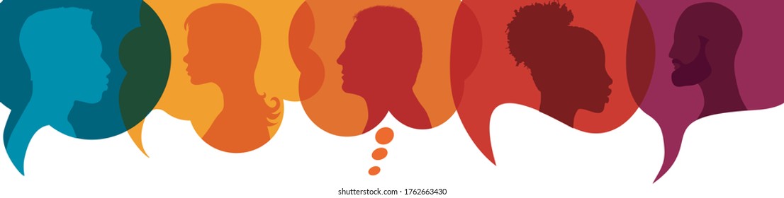 Speech bubble.Silhouette heads people in profile.Talking dialogue and inform.Communicate between a group of multiethnic and multicultural people who talk and share ideas.Diversity people - Shutterstock ID 1762663430