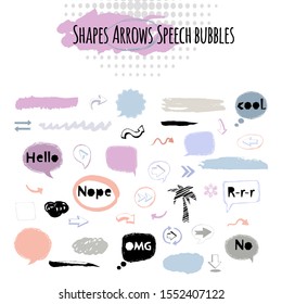 Speech bubble,stickers,arrows ,palm sign, icon set isolated on a white background 