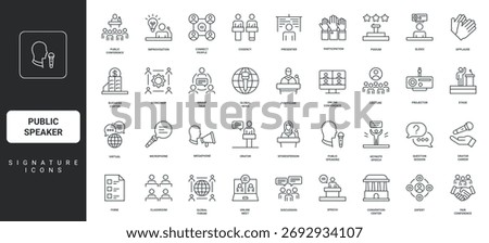Speech and business presentation on stage, teacher, workshop thin black and red outline symbols vector illustration Public speaker and politician at podium, conference event and lecture line icon set.