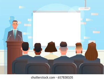 speech at the business presentation of a startup.  meeting, the speaker behind the podium, viewers around. Business concept vector illustration