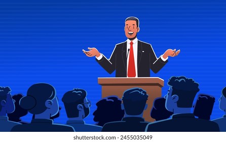 Speech by a politician or businessman at the podium in front of an audience. Speaker. Election promise, candidate for parliament or presidency. Vector illustration in flat style