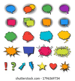Burbujas de dibujos animados de voz en estilo de arte pop sobre el diseño plano del vector de fondo abstracto