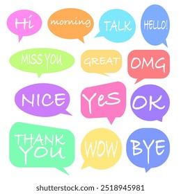 Speech chat bubble talk balloon, vector graphic. Text message communication illustration symbol set in doodle. Word speak icon collection sticker banner. Comic cartoon dialogue, think, comment, quote.