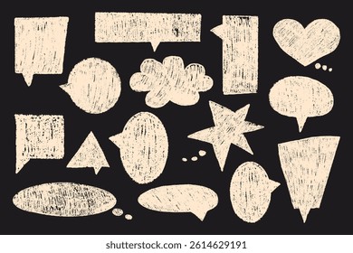 Speech chat bubbles. Doodle message balloons with text and symbols, hand drawn comic scribble sketch elements for dialog boxes and frames crayon texture. Vector set.