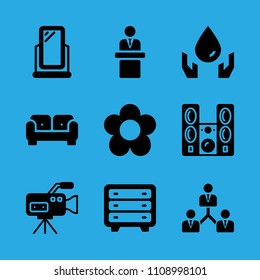 speech, chest of drawers, sound system, ecology, video camera, sofa, flower, mirror and collaboration vector icon. Simple icons set