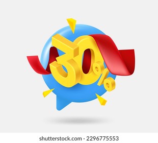 Speech cloud with 30 percent dicount offer. 3d vector isolated illustration