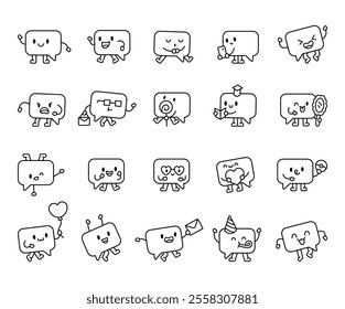 Speech cloud character set featuring cute kawaii cartoon emotions and elements with communication themes for creative dialogue and talking bubble illustrations in cheerful and positive designs