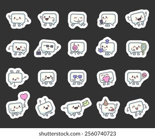 Speech cloud character set featuring cute kawaii cartoon emotions and elements with communication themes for creative dialogue and talking bubble illustrations in cheerful and positive designs