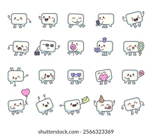 Speech cloud character set featuring cute kawaii cartoon emotions and elements with communication themes for creative dialogue and talking bubble illustrations in cheerful and positive designs