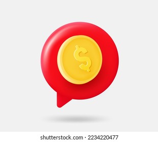 Speech cloud with gold dollar coin. 3d vector isolated illustration