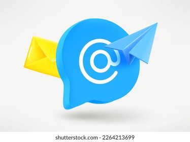Speech cloud with paper plane and letter. Feedback concept. 3d vector illustration