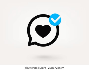 Speech cloud pictogram with heart pictogram and approve check mark. Linear vector linear icon