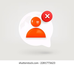 Speech cloud with profile pictogram with ban mark. 3d vector icon