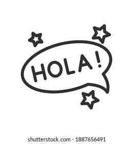 Speech cloud with stars. Greetings in Spanish, Hola, linear icon. Line with editable stroke