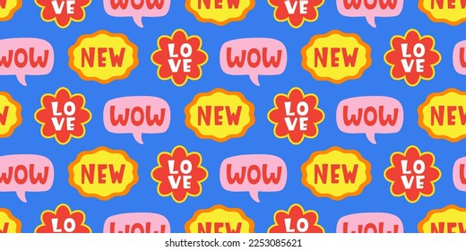 Speech cloud stickers seamless pattern, Ninties, eighties fashion funky retro style background texture with chat message  short phrases. Trendy design, vector illustration.