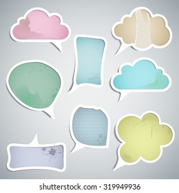 speech clouds in the amount of eight pieces of old paper and different colors