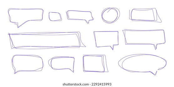 Speech clouds isolated on white background. Vector set. Sketch in doodle style. The chat clouds are a solid blue line and come in various geometric shapes. Icons, icons for translator, communication.
