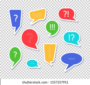 Speech clouds vector illustrations set. Doodle think bubbles stickers isolated on transparent background. Thinking, thoughts, various emotions concept. Cartoon empty dream clouds collection