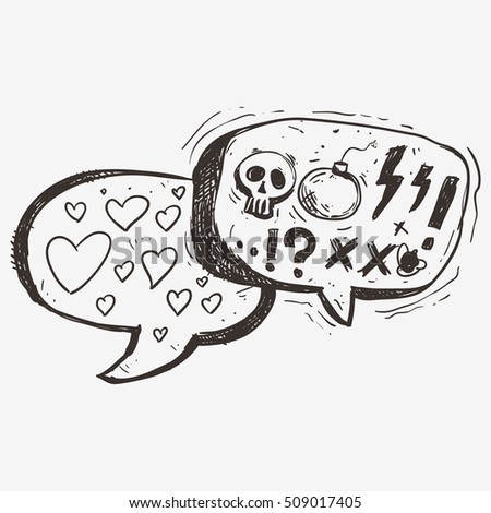 speech comic bubble with hatred and love words sketch line art