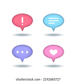 Speech, communication, dialogue, like, protest,  notification, oval bubbles - realistic icon set. 3d vector illustration.