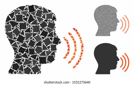 Speech composition of ragged items in variable sizes and color tints, based on speech icon. Vector irregular items are combined into illustration. Speech icons collage with dotted pattern.