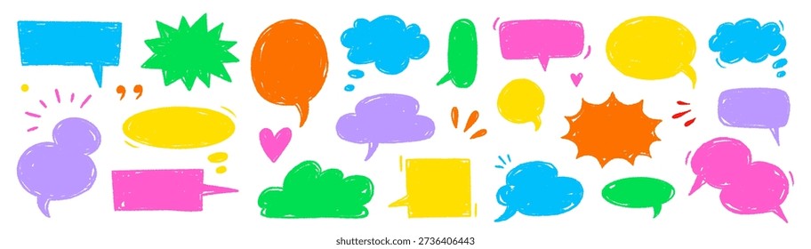 Speech crayon frame cute color set. Speech frame crayon hand drawn line pastel box balloon bubble cloud. Crayon child cartoon doodle talk chat text background decoration sketch. Vector illustration.