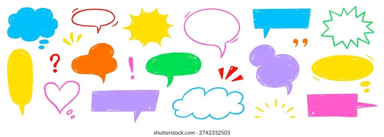 Speech crayon frame pastel set. Speech crayon frame hand drawn pencil line box bubble cloud background. Cartoon crayon chat doodle dialog painting texture sketch child design. Vector illustration.