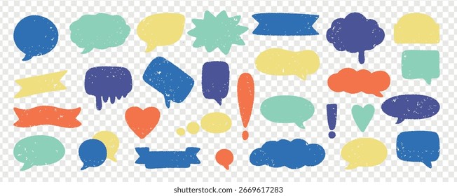 Fala lápis de cera caixa de texto mão giz formas cômicas em cores. Design de vetor de doodle de lápis de cera de fala com ícones de balão de diálogo de desenho animado, elementos de esboço e ilustração de textura de marcador áspero.