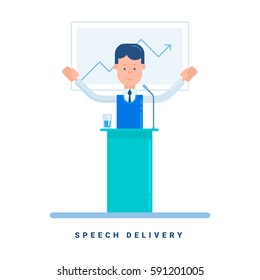 Speech delivery Business concept. Cartoon male character. Flat style vector illustration isolated on white