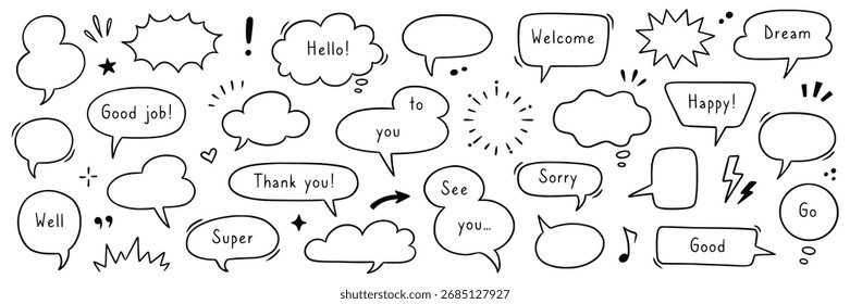 Speech dialog drawn set. Speech bubble and dialog element in hand drawn cartoon style comic cloud, chat box, graphic manga effect. Doodle emphasis, heart, arrow element. Vector illustration