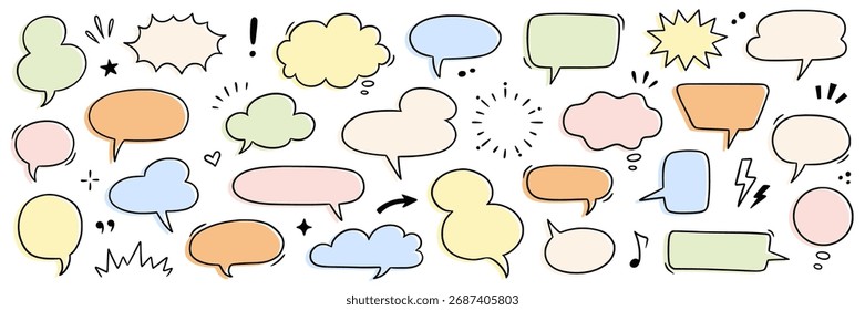 Speech dialog drawn set. Speech bubble and dialog element in hand drawn cartoon style comic cloud, chat box, graphic manga effect. Doodle emphasis, heart, arrow element. Vector illustration
