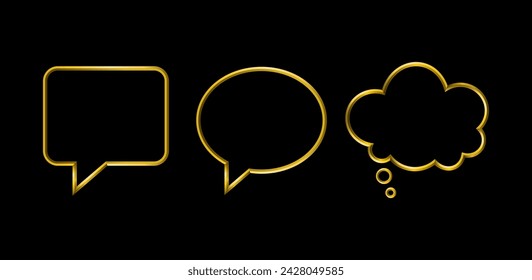 Speech dialogue boxes icons, golden metallic thin 3d lines, vector illustration collection.