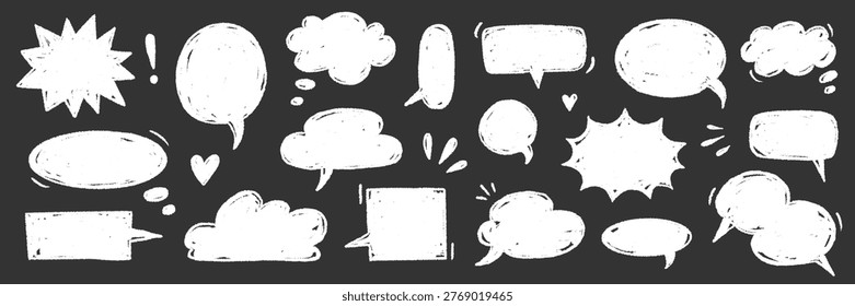 Speech doodle chalk balloon set. Speech doodle hand drawn crayon sketch on chalkboard . Balloon cloud text frame cartoon sticker comic dialog on vintage school blackboard. Vector illustration