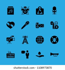 speech, drum set, antenna, camcorder, poison, bag, shaking hands inside a heart, earphones and video camera vector icon. Simple icons set