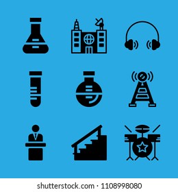 speech, drum set, flask, stairs, antenna, building, headphones, flask and test tube vector icon. Simple icons set