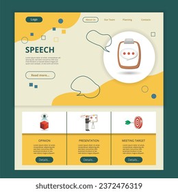 Speech flat landing page website template. Opinion, presentation, meeting target. Web banner with header, content and footer. Vector illustration.
