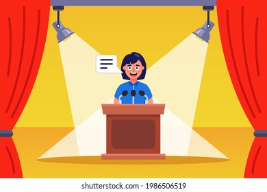 speech of the girl orator on the stage. flat vector illustration