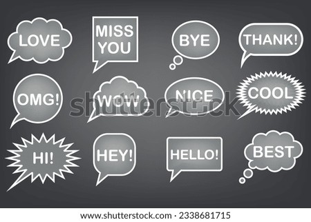Speech grey on black background thought bubble set, flat design