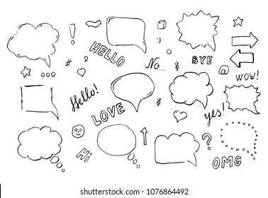 Speech hand drawn bubbles set. Talk clouds sketching illustration