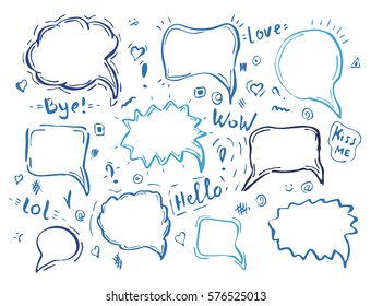 Speech hand drawn bubbles set. Talk clouds sketching illustration
