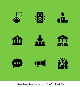 speech icon. 9 speech set with chat, conference, leader of a group with an empty speech bubble and university vector icons for web and mobile app