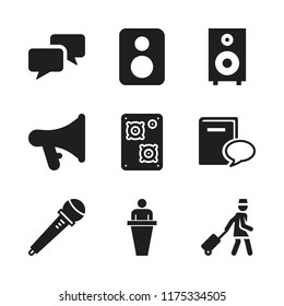 speech icon. 9 speech vector icons set. megaphone, speaker and book and speech bubble icons for web and design about speech theme