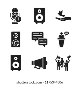 speech icon. 9 speech vector icons set. dialog, speaker and dove of peace icons for web and design about speech theme