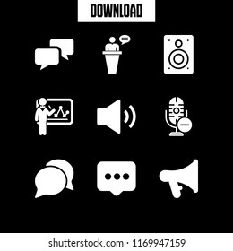 speech icon. 9 speech vector set. businessman with statistics on whiteboard, speaker, megaphone and chat icons for web and design about speech theme