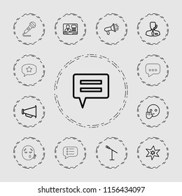 Speech icon. collection of 13 speech outline icons such as explosion, bye emot, microphone, megaphone, tv speaker, chat. editable speech icons for web and mobile.